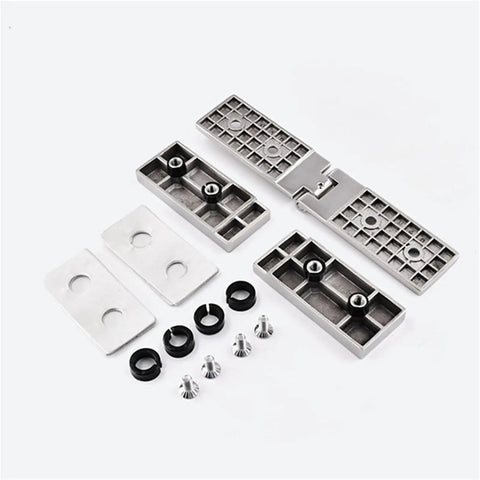 Heavy Duty Stainless Steel Glass Door Hinge For Frameless Bathroom And Shower Setup With Smooth 180 Degree Pivot And No Sweat Silver Mounting Kit components laid out.