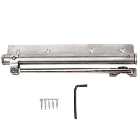 Adjustable Automatic Door Closer Stainless Steel With Auto Force Adjustment shown with installation screws and tool