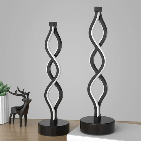 Set Of 2 Black Dimmable LED Bedside Lamps With Infinity Spiral Design For Living Room And Bedroom on wooden table