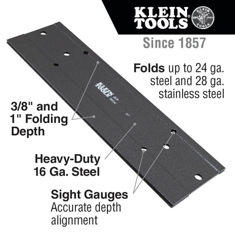 Front view of Klein Tools 86532 metal folding duct bending tool, 18 x 3 inches, heavy-duty 16 ga steel
