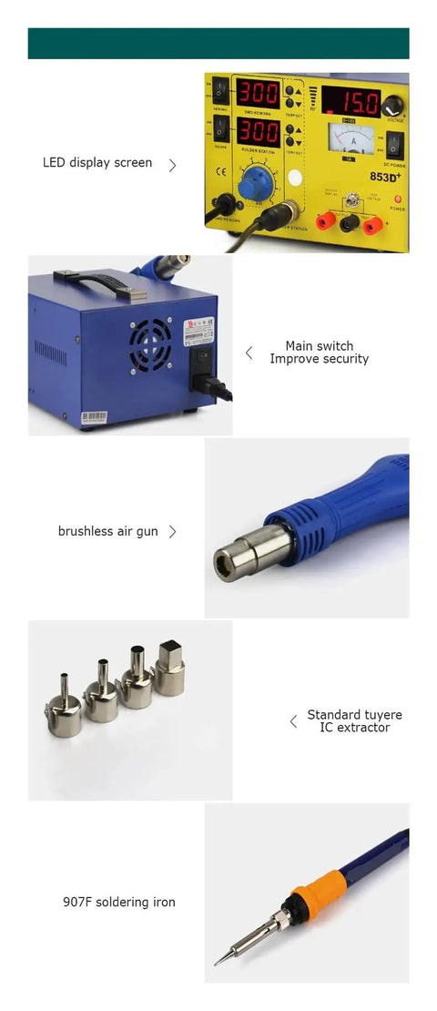 Ultimate 3 In 1 Soldering Power Supply Set With Hot Air Gun And Iron For BGA Rework Station showing LED screen and soldering tools