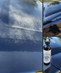 Shiny Car Stuff hand-applied clear coat bottle beside a glossy blue car hood with swirl scratches