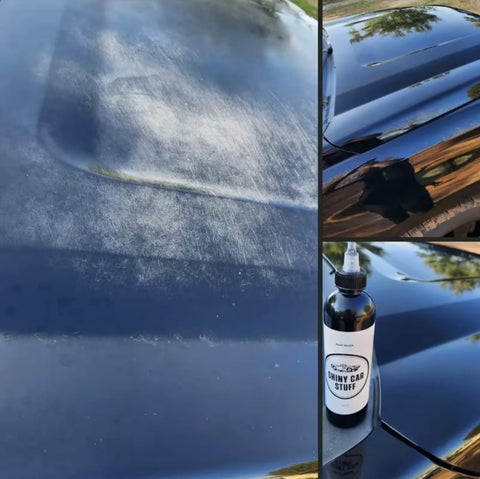 Shiny Car Stuff hand-applied clear coat bottle beside a glossy blue car hood with swirl scratches