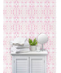 Rock Solid Abstract Wallpaper with Faux Acid Pattern designed for Busy Homes and Shops PVC Free Heavy Duty Polyester Face featuring Soft Linen Touch covering a wall behind white cabinet with towels and mirror.