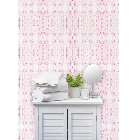 Rock Solid Abstract Wallpaper with Faux Acid Pattern designed for Busy Homes and Shops PVC Free Heavy Duty Polyester Face featuring Soft Linen Touch covering a wall behind white cabinet with towels and mirror.