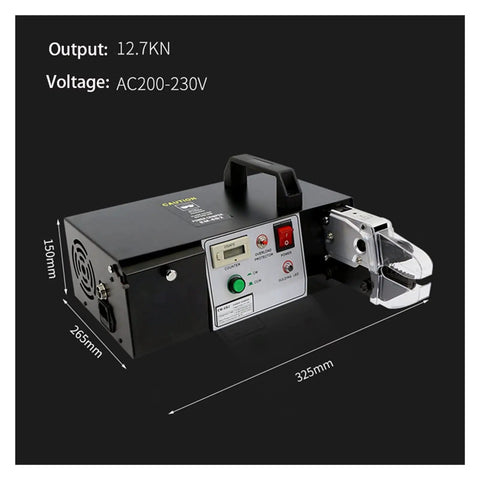 Heavy Duty Electric Terminal Crimping Machine With Nine Precision Dies For Dead Easy Slick Quick Wire Connections And Reliable Cold Crimping Pro Workhorse Setup side view showing control panel and dimensions.