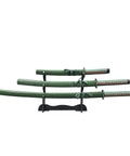 3-Piece Samurai Sword Set With Stand Green Scabbard Katana Wakizashi Tanto 1095 Carbon Steel Unsharpened Blades Full Tang For Showpiece Display