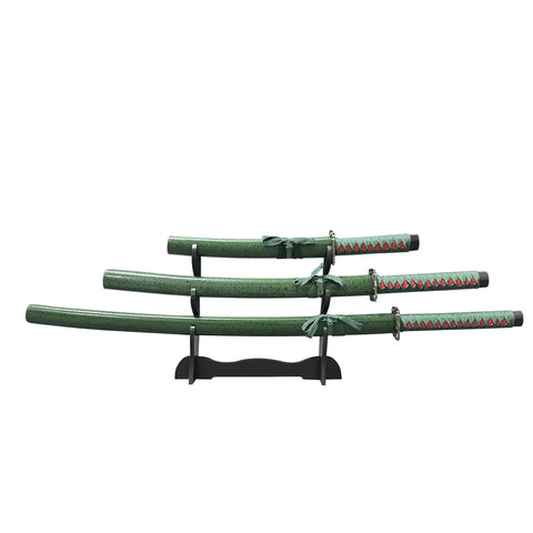 3-Piece Samurai Sword Set With Stand Green Scabbard Katana Wakizashi Tanto 1095 Carbon Steel Unsharpened Blades Full Tang For Showpiece Display