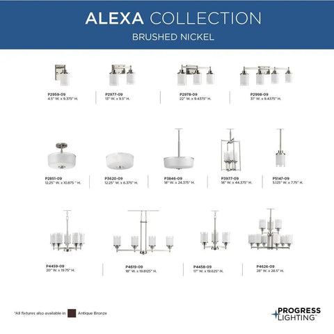 Alexa Collection lighting options in brushed nickel, featuring various ceiling lights and chandeliers with sizes and styles listed.