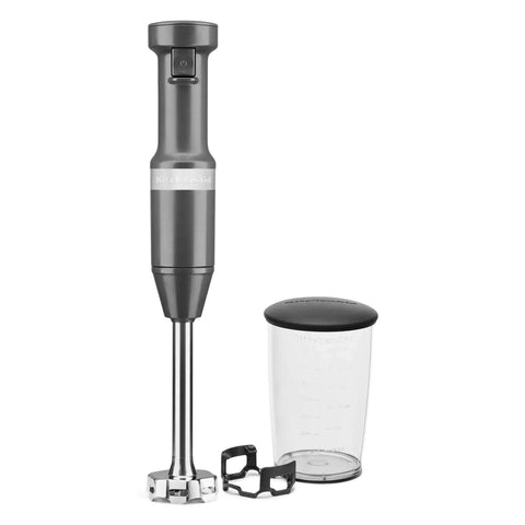 Total Kitchen Workhorse Variable Speed Corded Hand Blender With Removable Eight Inch Arm And Sharp Stainless Blades For Blending Soups And Making Smoothies Using Quick Trigger Controls In Sleek Charcoal Grey with jug and cover.