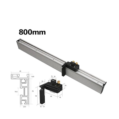 Knockout Precision Aluminum Router Fence With Quick Grip Flip Stop And Pro Miter Gauge Angle Measuring Ruler For Straight Shot Woodworking 450 To 800 Millimeters showing detailed measurements and guide features.