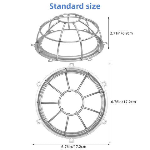 Heavy Duty Metal Detector Guard Cover And Fire Alarm Protector With Tool Less Quick Mount for Sprinkler Heads, 6.76in size, steel material.