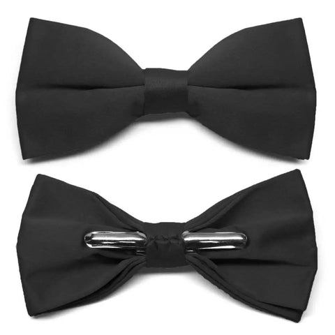Men's Pre-Tied Clip-On Bow Tie Black Satin Finish With Heavy 1-Inch Clips, Measures 4.5 Inches Across And 2.25 Inches High At Ends, Fits Teens To Adults, Easy Formal Accessory For Weddings, Parties, And Everyday Go-To Sharp Style.