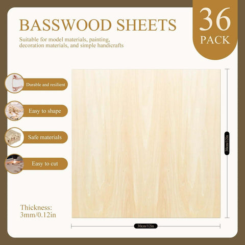 Basswood sheets, 36-pack, 12 x 12 inches, 3 mm thick, unfinished craft wood.