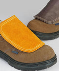 Welding Foot Protector With Cowhide Leather Anti Spark Heat Resistant Shoe Covers, brown leather and orange suede, shown on boots