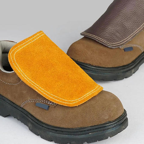 Welding Foot Protector With Cowhide Leather Anti Spark Heat Resistant Shoe Covers, brown leather and orange suede, shown on boots