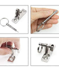 Six Pack Bimini Top Quick Release Pins One Quarter Inch Diameter For Boat Canopy Hardware, Marine Grade 316 Stainless Steel With Pull Ring, Seawater Resistant Fasteners in hand and attached to a hinge.
