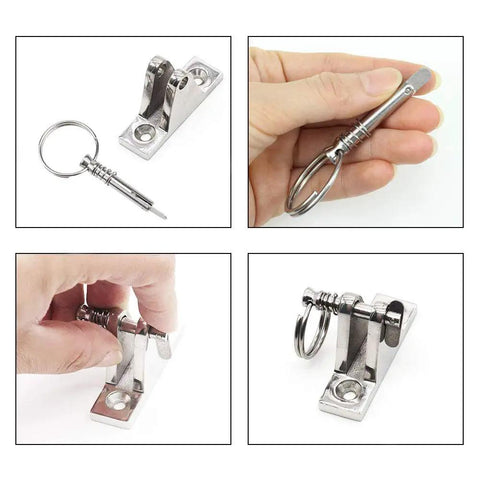 Six Pack Bimini Top Quick Release Pins One Quarter Inch Diameter For Boat Canopy Hardware, Marine Grade 316 Stainless Steel With Pull Ring, Seawater Resistant Fasteners in hand and attached to a hinge.