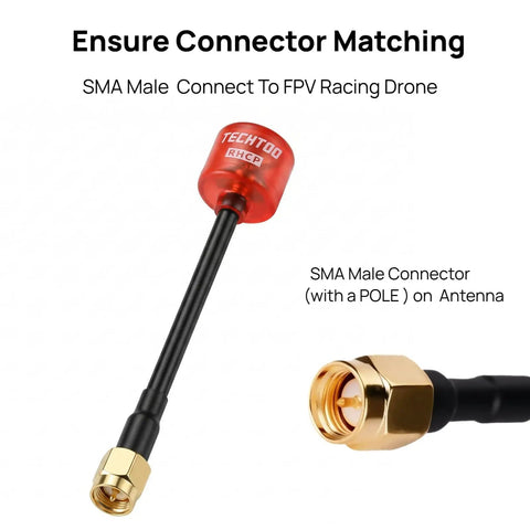RHCP FPV Antenna for Racing Drones 5.8G 2.3dBi with SMA Male Connector in red ABS radome, close-up of connectors