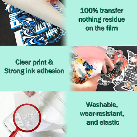 DTF Transfer Film A4 30 Sheets Double Sided Matte Pre Treated PET Heat Transfer Paper shown with clear prints and transfer quality.