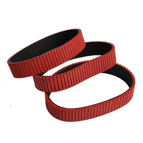Top Notch Red Rubber Conveyor Belt Wheel With Transverse Grooves For High Speed Card Feeder Counting Right Hand Bevel Pinion Gears Built Tough With Grippy Rib Surface 360X30X7MM, showing three rubber wheels with ribbed grooves.
