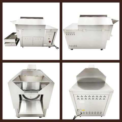 Commercial Gas Coffee Roaster With 110 Lb Drum Capacity For Roasting Beans Nuts Seeds Chestnuts Peanuts Walnuts And More Beefy Heavy Duty Single Phase 220V Drum Roasting Machine front and side view