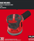 V20 Cordless 5 Inch Orbital Sander Bare Tool With 12,000 OPM shown with dust bag, labeled package contents on black background