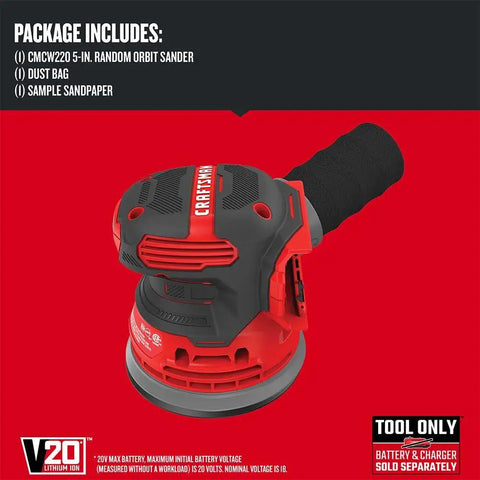 V20 Cordless 5 Inch Orbital Sander Bare Tool With 12,000 OPM shown with dust bag, labeled package contents on black background