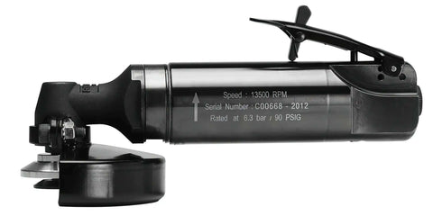 Premium Pro Shop 4 Inch Pneumatic Right Angle Air Grinder Tool Built For Auto Detailing And Metal Works With Rock Hard Motor, side view.