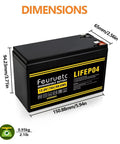 Powerful 12V LiFePO4 Battery with Built-In BMS, 7Ah deep cycle rechargeable, dimensions and weight displayed.