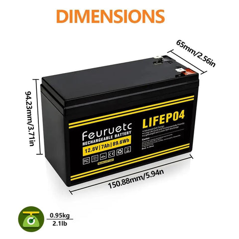 Powerful 12V LiFePO4 Battery with Built-In BMS, 7Ah deep cycle rechargeable, dimensions and weight displayed.