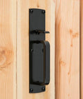 Black metal handle on wooden gate, not the Industrial 6-Inch T Gate Hinges 2-Pack With WeatherGuard Protection Black Finish