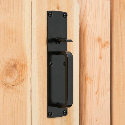 Black metal handle on wooden gate, not the Industrial 6-Inch T Gate Hinges 2-Pack With WeatherGuard Protection Black Finish