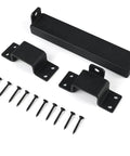 Heavy Duty Sliding Bar Gate Latch With Padlock Hole In Matte Black Metal For Outdoor Garden Sheds And Fences Built Tough With Straight Up Secure Locking Action That Is The Real Deal, includes latch, brackets, screws.