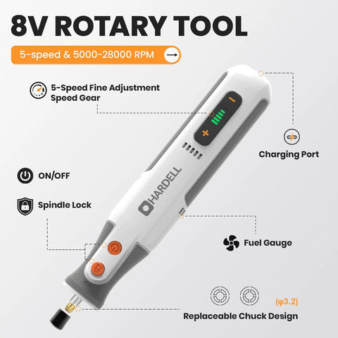 Badass 8V Cordless Rotary Tool Kit With 28000 RPM Motor And Five Adjustable Speeds Includes Eighty Versatile Accessories detail showing 5-speed adjustment and charging port.