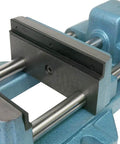 Close-up of Cam Action Drill Press Vise With Eight Inch Jaw Width And Eight And Three Sixteenths Inch Max Opening, cast iron build.