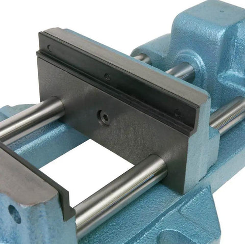 Close-up of Cam Action Drill Press Vise With Eight Inch Jaw Width And Eight And Three Sixteenths Inch Max Opening, cast iron build.