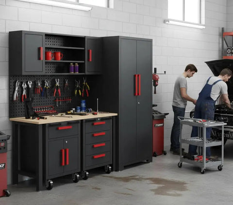 Heavy Duty Garage Storage Cabinet Set For Tool Organization 6 Piece System With Steel Cabinets Rolling Drawers 52 Inch Workbenches