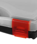 Hella Tough Plastic Parts Organizer Box With Sure Grip Handle showing red latch and gray lid for secure storage.