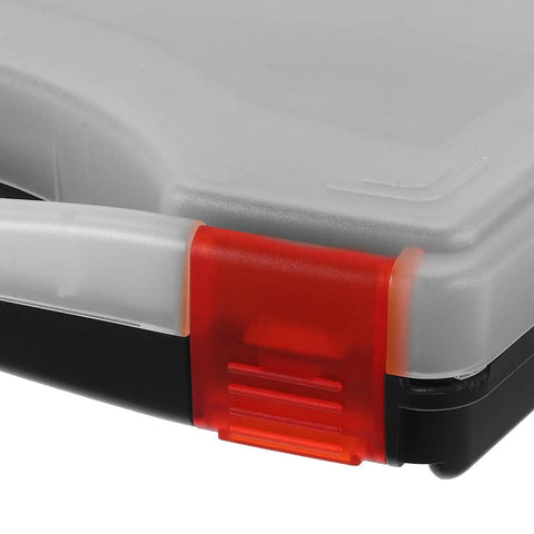 Hella Tough Plastic Parts Organizer Box With Sure Grip Handle showing red latch and gray lid for secure storage.