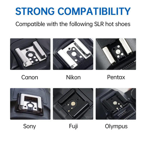 Hot shoe compatibility chart for CT-16 Wireless Radio Flash Trigger Kit for Canon, Nikon, Pentax, Sony, Fuji, Olympus DSLRs.