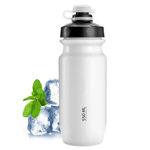 On The Go 550ml Leak Proof Bike Water Bottle with Hands Free Bite Valve shown with ice and mint for cooling effect, 7.5x2.6 inches.