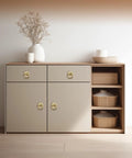 Cabinet with 4 Pack Gold Vintage Ring Drawer Pulls With Screws, Round Retro Antique Brass Cabinet Ring Pulls attached on drawers and doors.