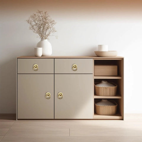Cabinet with 4 Pack Gold Vintage Ring Drawer Pulls With Screws, Round Retro Antique Brass Cabinet Ring Pulls attached on drawers and doors.
