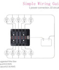 Wiring diagram for 10 Way RV Blade Fuse Block With Bright LED Indicator DC Junction Box Supplying 100 Amp Kickass Protection.