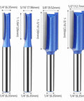 Heavy Duty 4 Piece Flush Trim Router Bit Set with 6Mm Shank And Bearing For Smooth Woodworking On Drawers Cabinets and Custom Projects Made Of Super Hard Steel To Prevent Kickback displaying four bits in various sizes.