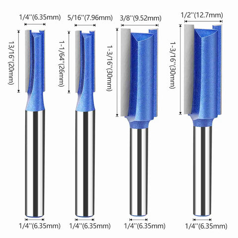 Heavy Duty 4 Piece Flush Trim Router Bit Set with 6Mm Shank And Bearing For Smooth Woodworking On Drawers Cabinets and Custom Projects Made Of Super Hard Steel To Prevent Kickback displaying four bits in various sizes.