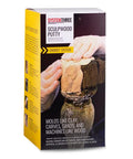 Wood Repair Epoxy Putty Kit 1 Quart With 1 To 1 Mix For Replacing Rotted Or Chipped Wood In Windows Sills Frames Railings And Furniture Non Shrinking Durable Filler Ready To Paint Or Stain After Repair box with gloves applying putty on wood.
