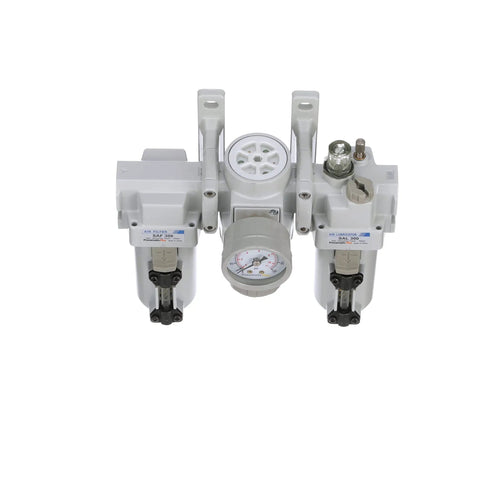All-In-One Pneumatic Air Filter Regulator Lubricator Combo With Three-Eighths Inch NPT, Metal Bowl, Sight Glass, Manual Drain, Bracket, And Gauge