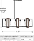 Farmhouse Rustic 6 Light Lantern Cage Chandelier Hand Painted Natural Walnut Wood With Black Finish dimensions and specifications